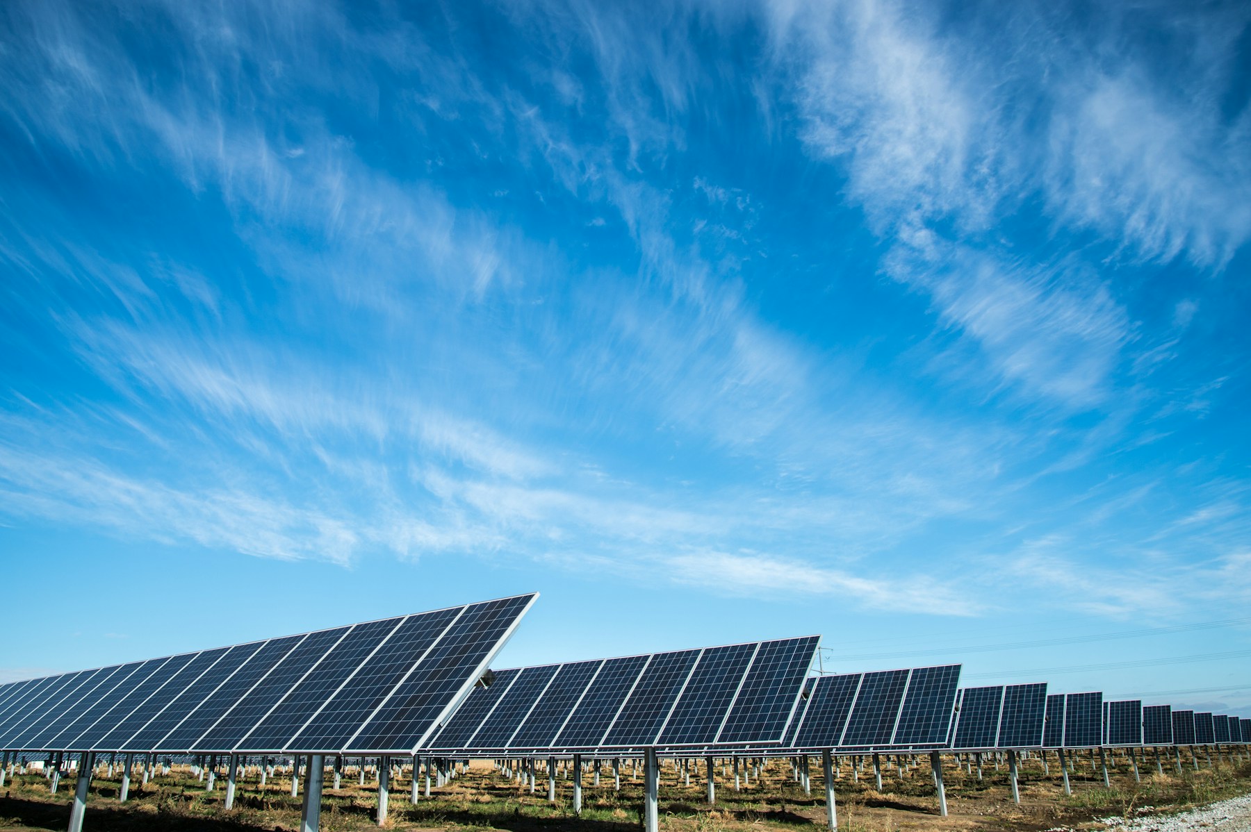 Rows of photovoltaic panels catching low sunlight